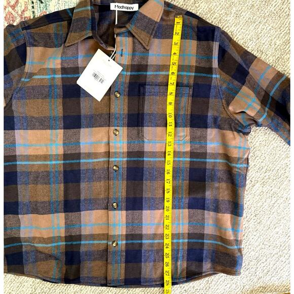 Madhappy Flannel Shirt Plaid Wool Brown Blue Cabincore Oversized Size M or L - Picture 11 of 12